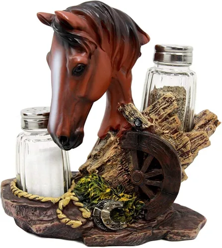 Ebros Country - Juego de figuras de caballo de semental marrón castaño occidental por Farm Wagon Wheel Lasso Herraduras Salero y Pimentero Estatua