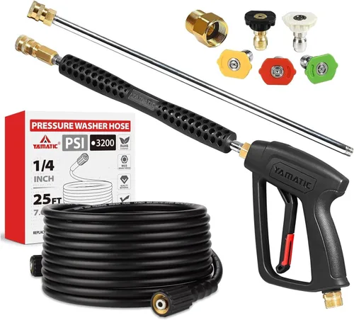 YAMATIC Kit de pistola y manguera de lavado a presión, manguera de lavado de energía sin torceduras de 25 pies con varita rociadora, rosca M22-0.551