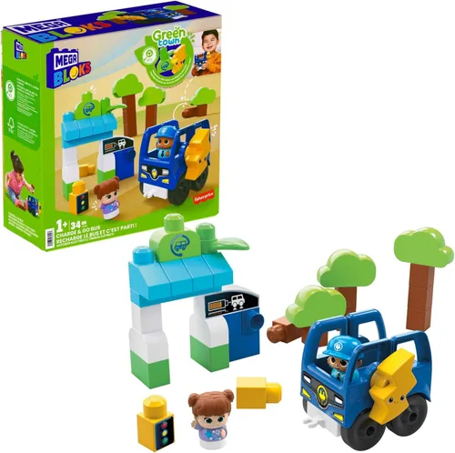 MEGA BLOKS Fisher-Price - Bloques de construcción para niños pequeños, Green Town Charge & Go Bus con 34 piezas, 2 figuras, niños a partir de 1 año