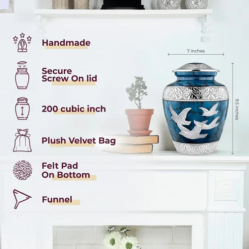 Miniatura 2 de Trupoint Memorials Urnas de Cremación para Cenizas Humanas, Urna de Entierro Decorativa para Adultos Hombres y Mujeres – Grande, Aves Azules