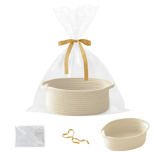 Miniatura 30 de Paquete de 2 canastas pequeñas de cuerda tejida, cesta de regalo vacía con bolsa y cintas, bonita caja organizadora con asa para cumpleaños/baby