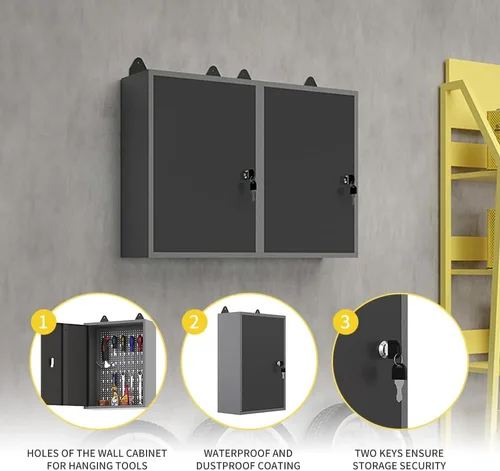 Miniatura 5 de JZD Gabinete de almacenamiento montado en la pared de acero, gabinetes de herramientas colgantes de metal, para taller de garaje, negro y gris