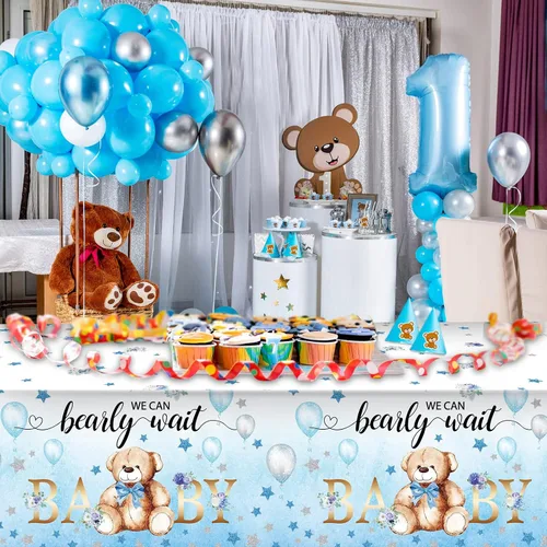Miniatura 6 de Tegeme Paquete de 6 manteles de plástico con diseño de oso para baby shower, con texto en inglés «We Can Bearly Wait», para fiestas de cumpleaños