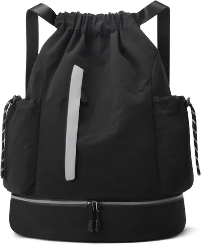 Mochila con cordón para hombres y mujeres, resistente al agua, bolsa de gimnasio con compartimento para zapatos, Negro, Grande, Minimalista