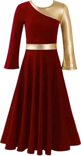 Miniatura 4 de easyforever Vestido de baile de alabanza con bloques de color dorado metálico para niña, ropa de baile lírica cristiana, vestido de túnica de baile