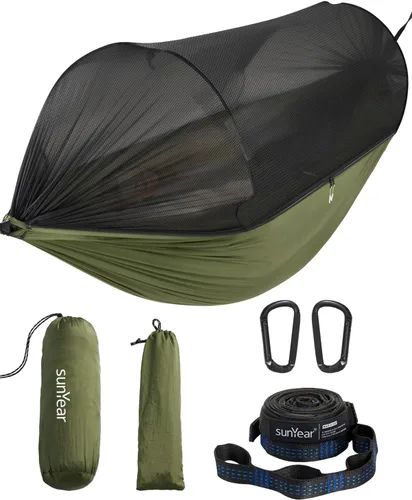 Miniatura 10 de Sunyear Hamaca de camping con red, hamaca doble y individual con red similar a la casa, fácil de instalar y empacar, ligera y portátil, perfecta
