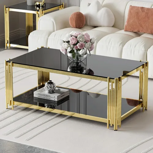 Mesa de centro de cristal negro de 43 pulgadas, mesa moderna para sala de estar, acero inoxidable dorado, patas de metal, rectangular, de vidrio