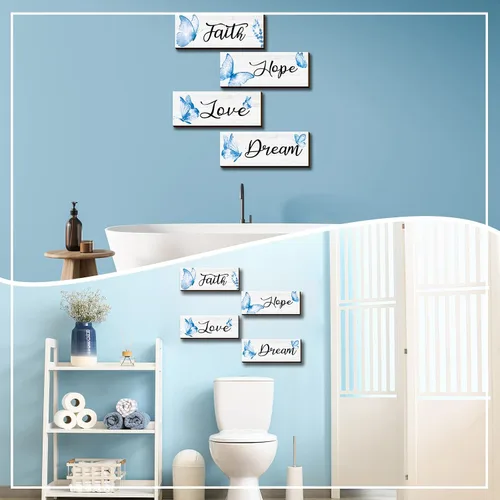 Miniatura 6 de Gerrii 4 piezas de decoración de pared de fe, esperanza, amor, sueño, elegante, primavera, mariposa, madera, decoración para colgar en la Azul