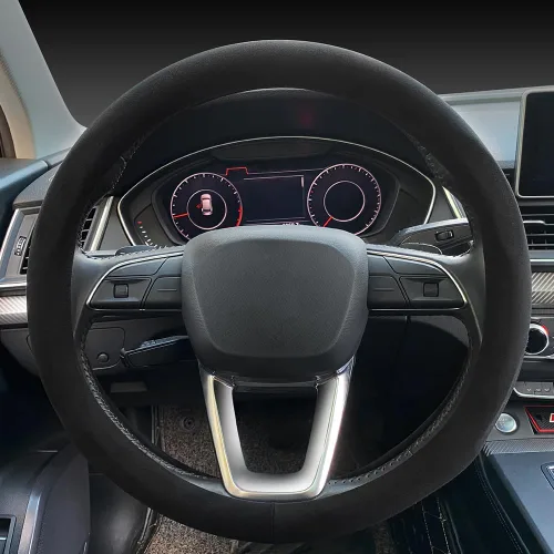 Miniatura 10 de Carodi Funda de gamuza para volante, de cuero antideslizante, ajuste interior de automóvil de 15 pulgadas, universal Negro (etiqueta azul)