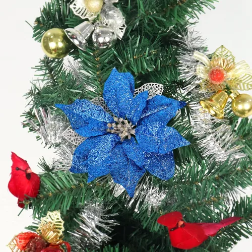 Miniatura 4 de Adornos para árbol de Navidad de flor de pascua azul real con purpurina grande de 9 pulgadas, decoración de flores artificiales para boda, paquete
