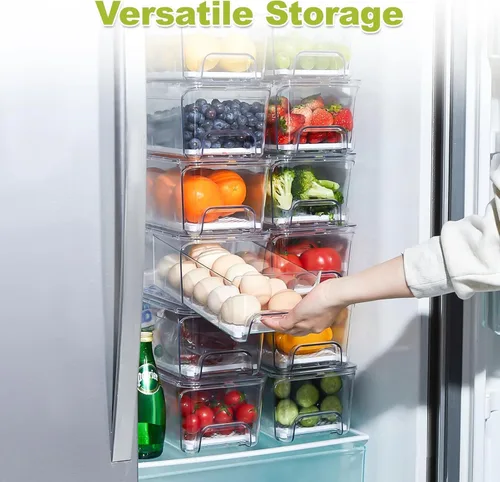 Miniatura 7 de Cajón organizador extraíble para refrigerador, contenedores apilables para refrigerador con bandeja de drenaje y tapa, caja transparente