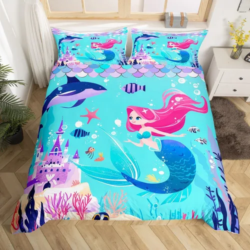 Miniatura 10 de Juego de funda de edredón Kawaii tamaño individual con purpurina de sirena para niños y niñas, color morado pastel, verde azulado, colorida perla