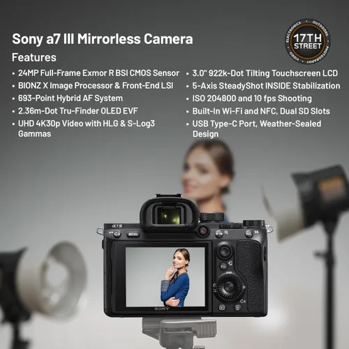 Miniatura 3 de Sony Cámara sin espejo a7 III (negro) - Cámara digital de marco completo de 24 MP con baterías y kit de cargador doble, kit de software Corel