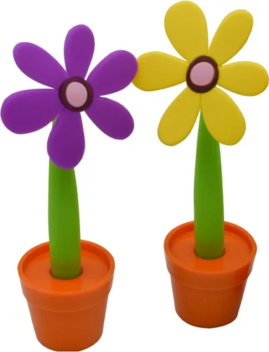 Miniatura 8 de Maydahui Juego de 4 bolígrafos de flores con soporte para macetas en el escritorio, bonito diseño creativo colorido para fiesta de estudiantes, día