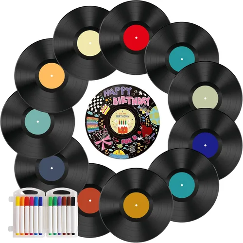 Leptetek Juego de 12 piezas de decoración de pared de discos de vinilo, decoraciones de disco vintage de 12 pulgadas con cinta adhesiva y etiquetas