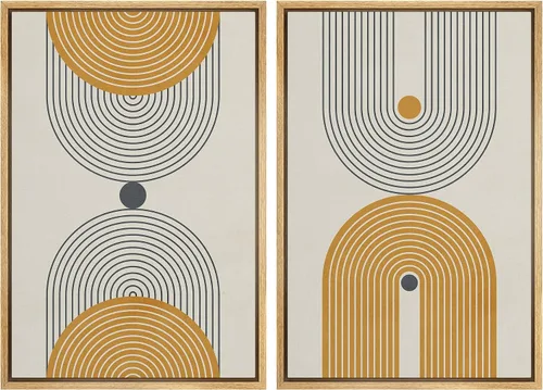 Miniatura 46 de IDEA4WALL Lienzo enmarcado para pared, juego de arte Bauhaus dorado de mediados de siglo, patrón de cuadrícula moderna, ilustraciones con formas