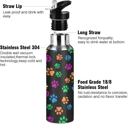 Miniatura 3 de Colorful Dog Paw Prints Stainless Steel Water Bottle 32 Oz, BPA-Free Sports Water Bottle with Straw Leakproof Water Bottles