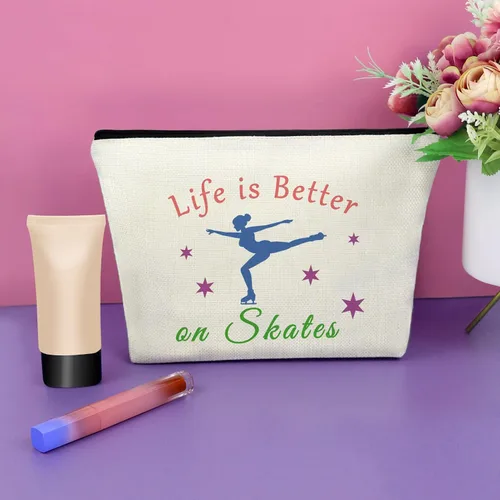 Miniatura 4 de Regalos de patinadora para mujeres, regalos de patinadora sobre hielo para niñas, bolsa de maquillaje y cosméticos, 3 piezas beige