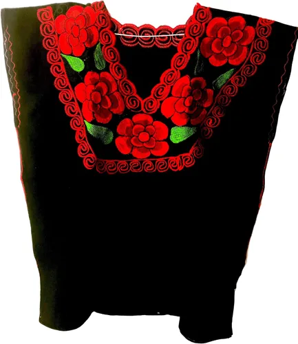 Miniatura 6 de Casa Fiesta Designs Blusa mexicana floral - Auténtica blusa bordada de Chiapas, hecha a mano, color negro con flores rojas, Negro