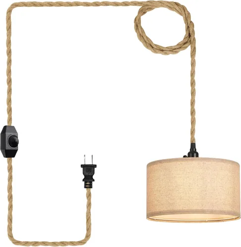 Miniatura 9 de Lámpara Colgante Enchufable con Bombilla LED de 6W Luz Cálida (3000K) Interruptor Regulable Linda Lámpara Colgante de Ratán Cable de 15 pies Tejida