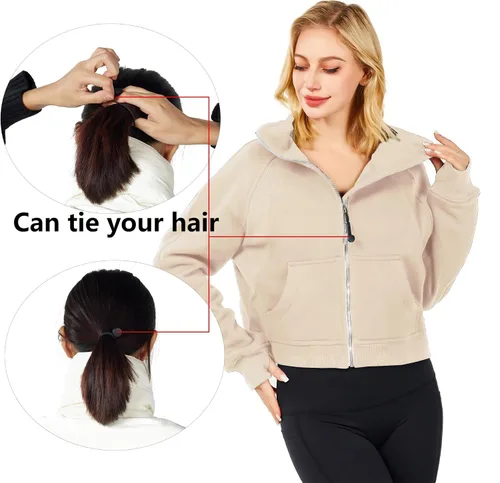 Miniatura 2 de Sudadera corta con media cremallera para mujer, sudadera con capucha de forro polar, sudadera con capucha de un cuarto para primavera y otoño, ropa