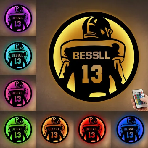 Miniatura 13 de Letrero de metal personalizado para jugador de fútbol con luz LED, nombre y número personalizado, arte de pared de fútbol, letrero de neón