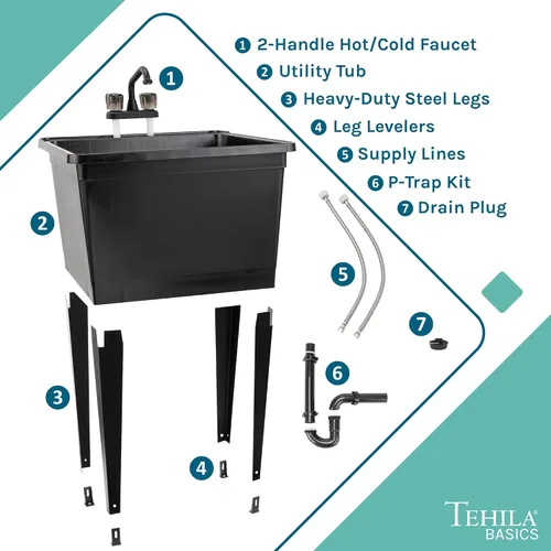 Miniatura 4 de Tehila Basics de JS Jackson Supplies - Fregadero utilitario independiente negro de 21 galones con grifo de 2 manijas negro, bañera de lavandería