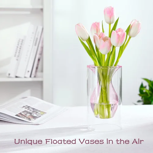 Miniatura 3 de ZENS Florero Pequeño de Flor Rosa Único, Florero de Vidrio Transparente Flotante Doble Hueco, Moderno Jarrón Decorativo Soplado a Mano Fresco