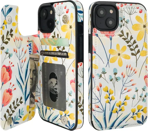 HAOPINSH Funda tipo cartera para iPhone 13 con tarjetero y diseño floral de flores en la parte trasera, de piel sintética, con ranuras para Floral