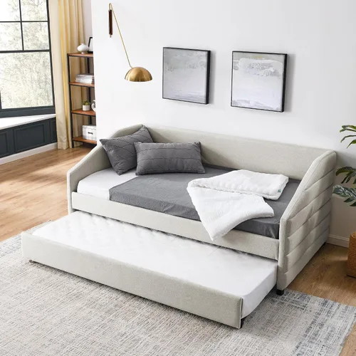 Flieks Sofá cama tapizado de tamaño individual con nido, sofá cama tapizado de tela de lino, cama nido con ruedas y marco de madera, no necesita