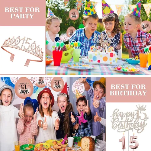 Miniatura 4 de Hysilla Decoraciones de cumpleaños de 15 años - Banda de oro rosa, corona, adorno para pastel, globos, juego de alfileres y velas
