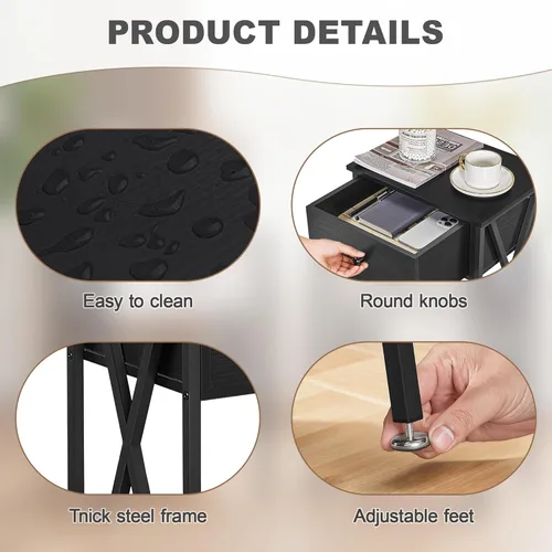 Miniatura 7 de VECELO Mesita de Noche Moderna, Mesa de Noche con Cajón y Estante de Almacenamiento para Sala de Estar y Dormitorio, Marco de Metal Industrial Negro