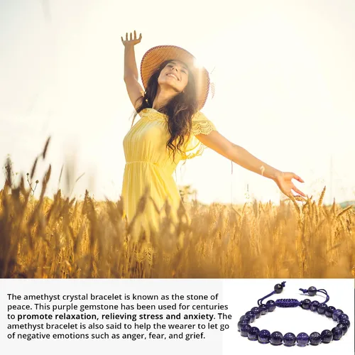 Miniatura 71 de Adjustable Crystal Bracelet – Gemstone Bead Bracelet with Adjustable Macrame String – Chic Gemstone Bracelet for Men and Women – 8mm Round Healing