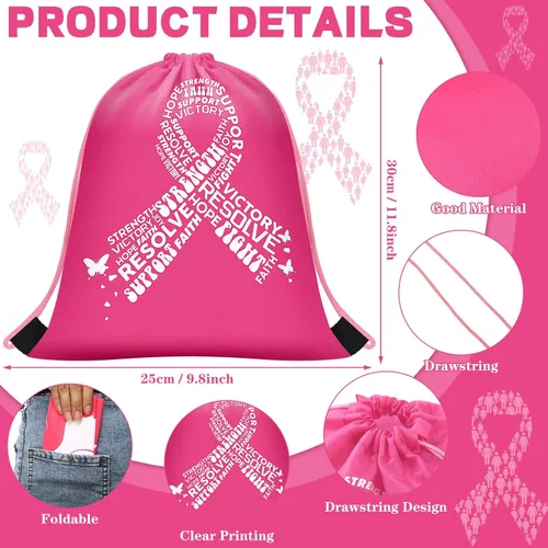 Miniatura 2 de Panelee Mochila con cordón para concientización sobre el cáncer de mama, 12 x 10 pulgadas, bolsas con cordón de cinta, accesorios