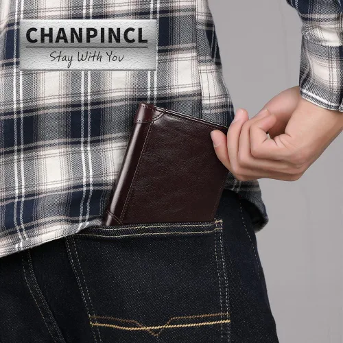 Miniatura 47 de Billetera de piel triple con bloqueo RFID para hombre con 2 ventanas de identificación, 2 compartimentos para efectivo, 6-8 ranuras para tarjetas
