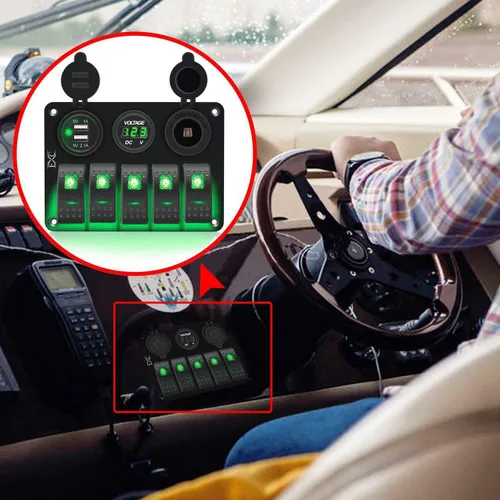 Miniatura 8 de FXC Interruptor basculante de 5 segmentos con doble ranura USB de 5 V 3.1 A + medidor de voltios + encendedor de cigarrillos para lanchas marinas