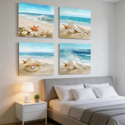 Miniatura 4 de Sandy Beach Shells - Lienzo con diseño de estrellas de mar y conchas de playa, arte de pared moderno, enmarcado para decoración de oficina en casa