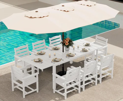 Miniatura 59 de SERWALL Juego de comedor para exteriores de 9 piezas, mesa de comedor expandible de 60 a 83 pulgadas y 8 sillas de polietileno de alta densidad