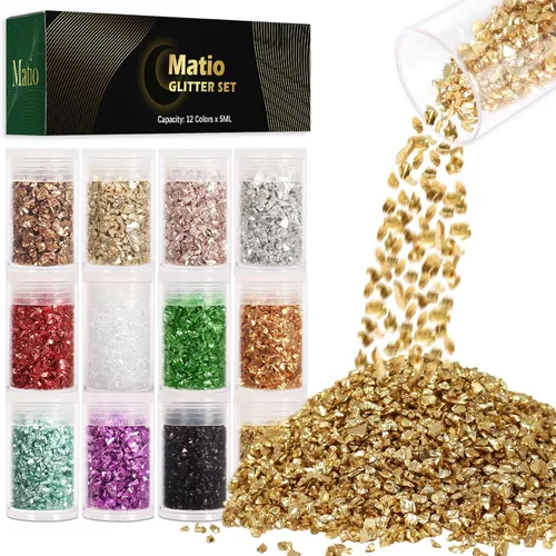 Matio 12 colores de cristal triturado con purpurina irregular, 4.23 onzas/120g chips de vidrio roto triturado para joyería epoxi de resina, Metálico