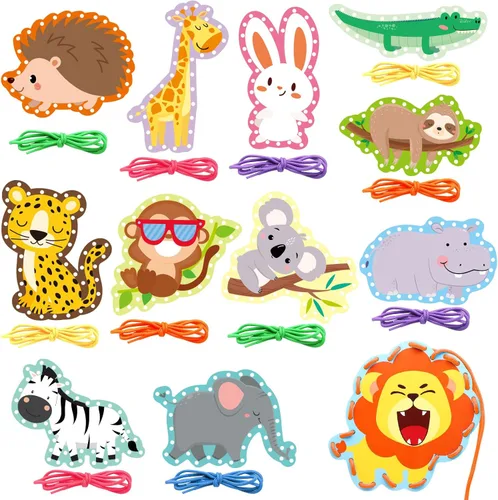 Paquete de 12 tarjetas de encaje de animales de la selva, kits de costura para niños, león, animales salvajes, cartón, tarjetas de costura de doble