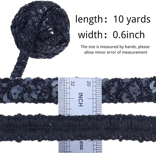 Miniatura 2 de Cinta de encaje con purpurina para manualidades, adornos, accesorios de disfraz de 10 yardas (negro)