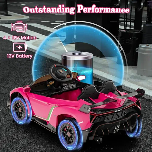 Miniatura 8 de Costzon - Automóvil de paseo rosa Lamborghini para niños, vehículo eléctrico con licencia de 12 V con tracción en las cuatro ruedas, control remoto