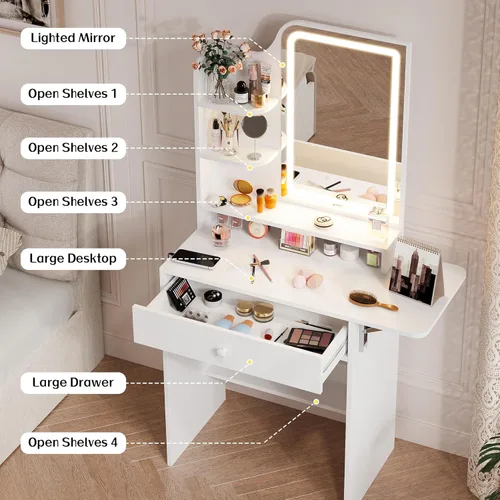 Miniatura 9 de Haewon Pequeño tocador con espejo y luces, tocador de maquillaje con estación de carga, juego de tocador compacto con silla de almacenamiento, cajón