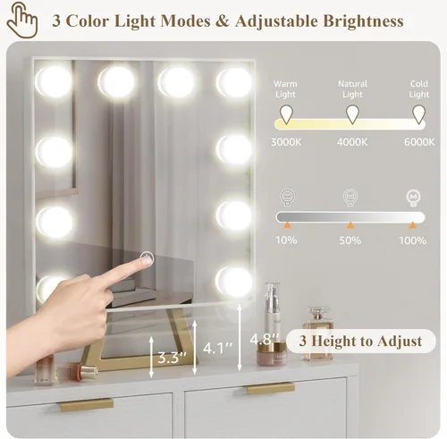 Miniatura 6 de BOLUO Tocador Dorado de Maquillaje con Espejo de Hollywood y Luces, Juego de Tocador para Niñas con Taburete, Mesa de Maquillaje Compacta