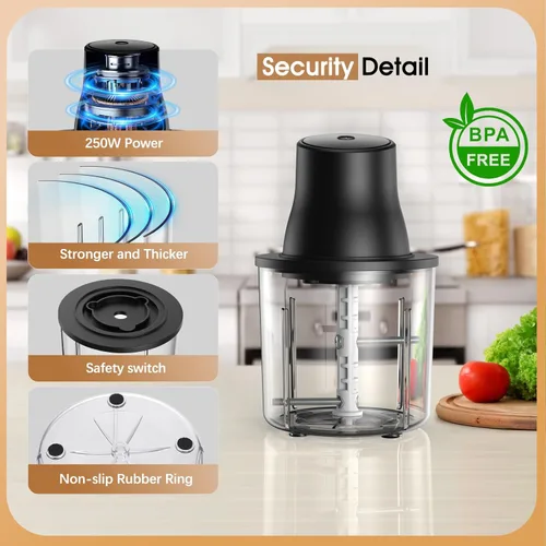 Miniatura 7 de Procesadores de alimentos, trituradora de pollo eléctrica 2 en 1 y picadora de alimentos con motor de cobre de 250 W, cuencos de 1.5 L y 2 cuchillas