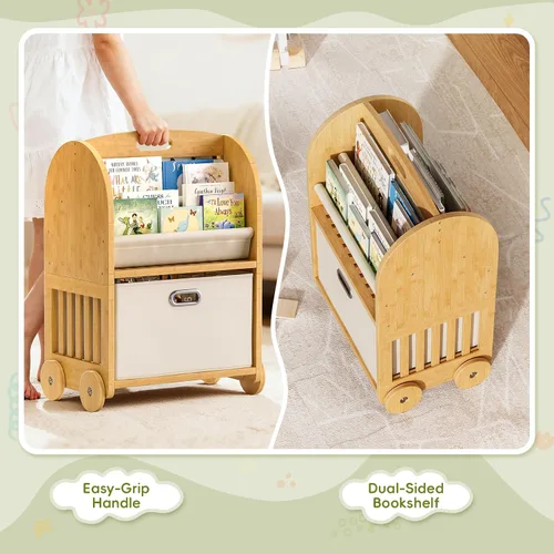 Miniatura 3 de Estantería de bambú de 2 lados y 3 niveles para niños, estante Montessori con ruedas seguras y cajón de almacenamiento grande, estantería