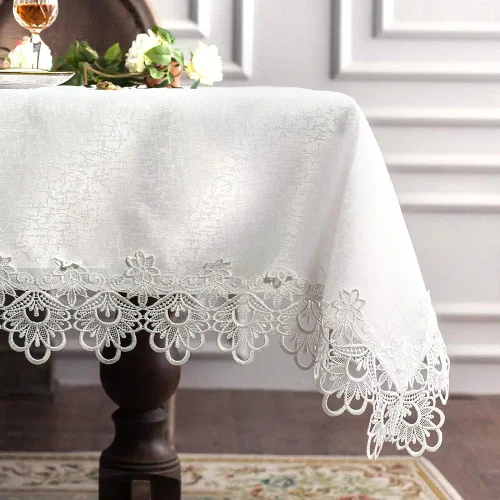 Miniatura 11 de ARTABLE Mantel rectangular de tela de encaje con borde de macramé, manteles de cocina bordados transparentes para elegantes mesas largas de Blanco
