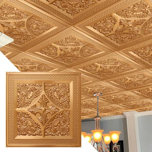 Miniatura 8 de Dundee Deco Panel de techo decorativo 3D de PVC con diseño floral rústico dorado antiguo, 2 pies x 2 pies (23.6 in x 23.6 in), 4 pies cuadrados cada