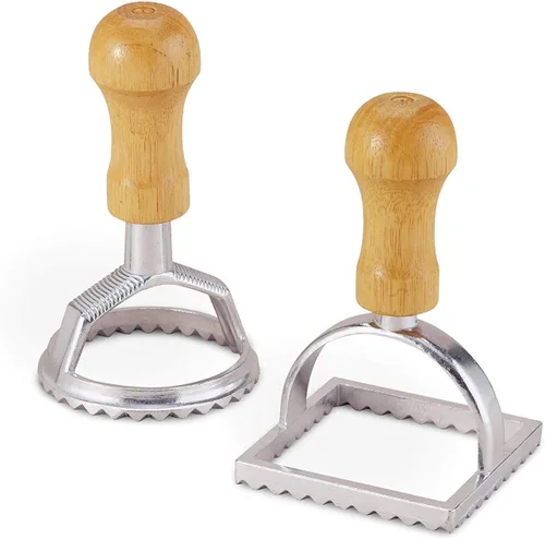 Fante's Sellos para hacer ravioles con asas de madera, formas redondas y cuadradas acanaladas, para pasta casera, galletas, comidas diarias y