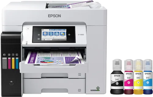 Miniatura 2 de Epson - Impresora EcoTank Pro ET-5850 Supertank inalámbrica a color, todo en uno, color blanco y paquete de botellas de tinta EcoTank T522 a